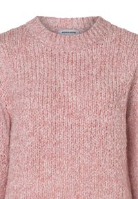 Rosa strukturiertes Sweatshirt mit Rundhalsausschnitt und lockerer Strickoptik. Der Stoff wirkt weich und weist ein meliertes Muster auf.