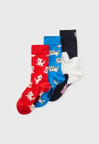 Set of three socks: red with cat pattern, blue with dog pattern, and black with fluffy dog detail. Soft fabric, mid-calf length.