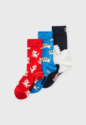 Set of three socks: red with cat pattern, blue with dog pattern, and black with fluffy dog detail. Soft fabric, mid-calf length.