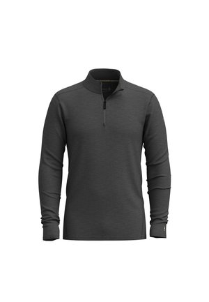 Mørkegrå langærmet pullover med halv-zip krave, lavet af blødt materiale; har tætsiddende ærmer og et minimalistisk design.