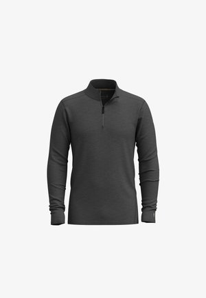 Dunkelgrauer Langarm-Pullover mit halbem Reißverschluss-Kragen, aus weichem Material; ausgestattet mit schmalen Ärmeln und einem minimalistischen Design.
