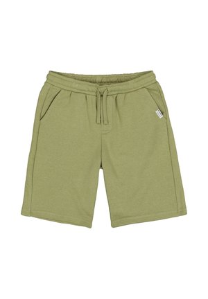 Pantalones cortos de color verde claro hasta la rodilla con cintura elástica, cordón, bolsillos laterales y una pequeña etiqueta blanca en la costura del bolsillo derecho.