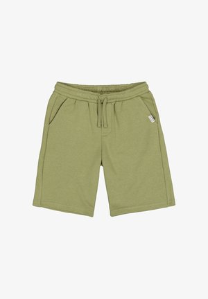 Lichtgroene knielange shorts met elastische tailleband, trekkoord, zijzakken en een klein wit label aan de naad van de rechterzak.
