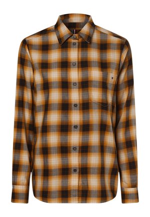 Karierter Hemd in den Farbtönen Orange, Grau und Schwarz. Mit Button-down-Kragen, Brusttasche und strukturierter Stoffqualität.