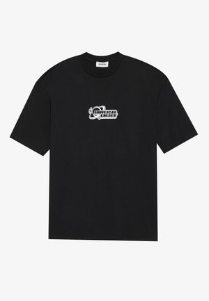 Black short-sleeve T-shirt with white "Universal Energy" text and orbiting design centered on the chest, crew neckline.