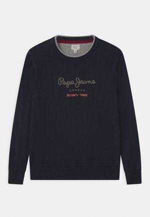 Marineblå crewneck-trøje med ribstrikkede manchetter og kant, med teksten "Pepe Jeans London" og "Seventy Three" på fronten.
