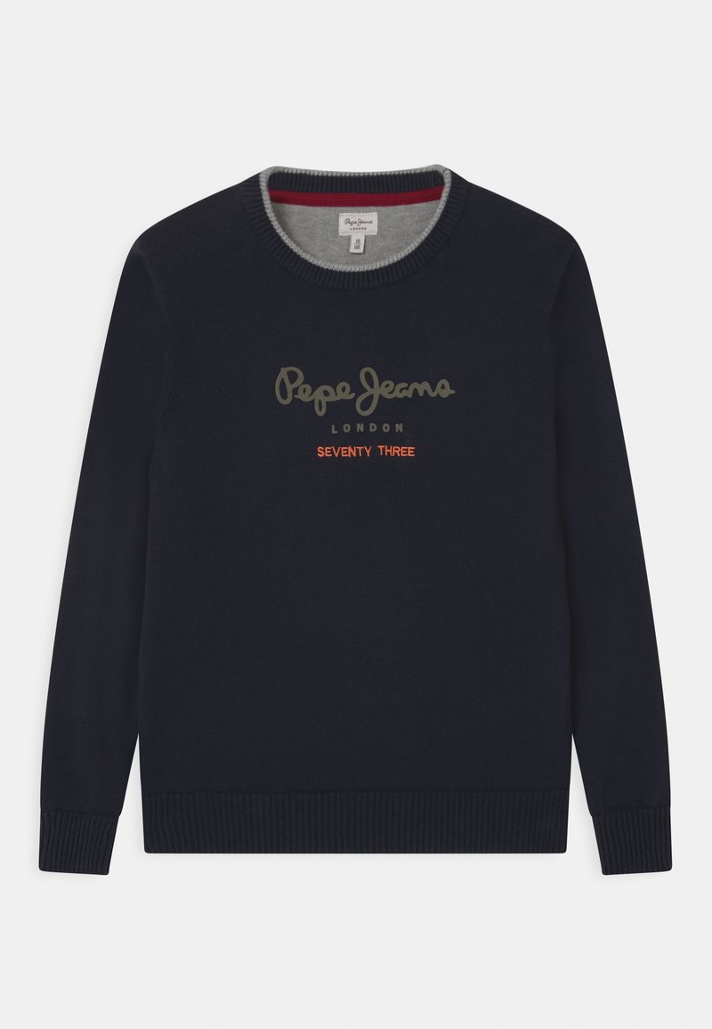 Pull bleu marine à col rond avec poignets et ourlet côtelés, affichant les textes « Pepe Jeans London » et « Seventy Three » à l'avant.