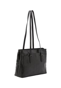 Borsa tote in pelle nera con due manici lunghi, forma rettangolare, texture liscia e dettagli di cucitura sottili.