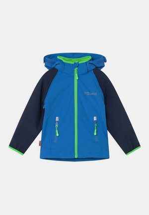Children's jacket in blue and navy with green accents. Lightweight fabric, front zip closure, two side pockets, and adjustable hood.