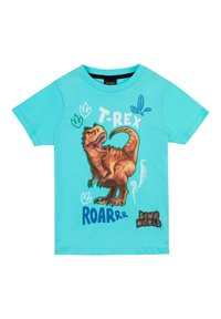 T-shirt in cotone azzurro chiaro con stampa di un T-Rex, testo "T-REX" e "ROARrr", e logo "DINO WORLD", con decorazioni a foglia verde.