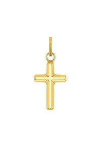 Ciondolo a croce in tonalità oro, superficie liscia, design semplice, con un occhiello superiore per il fissaggio. Le dimensioni evidenziano una forma elegante.