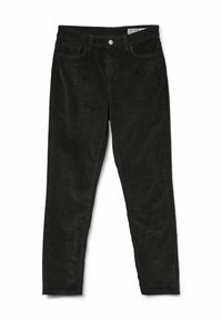 Mustat corduroy-housut, joissa on slim fit -malli, viisi taskua, nappikiinnitys ja hienovarainen pystyribattu tekstuuri.