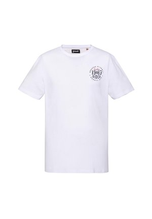 Weißes T-Shirt mit kurzen Ärmeln und Rundhalsausschnitt mit kleinem schwarzem und rotem „1903 Rider“-Schriftzug auf der linken Brust.