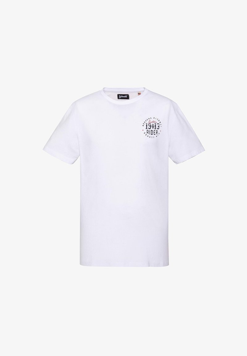 T-shirt blanc à manches courtes avec col rond et petit logo texte noir et rouge "1903 Rider" sur la poitrine gauche.