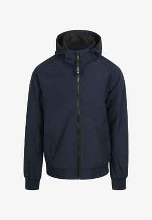 Donkerblauwe waterdichte jas met ritssluiting, capuchon, elastische manchetten en een minimalistisch ontwerp. Gladde textuur, lichtgewicht materiaal.