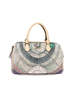 Borsa in pelle con un motivo stampato multicolore caratterizzato da design circolari, dettagli testuali, chiusura con zip e doppio manico superiore.