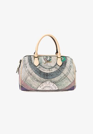 Lederhandtasche mit einem mehrfarbigen Druckmuster, das kreisförmige Designs und Textergänzungen umfasst, mit einem Reißverschluss und zwei oberen Griffen.