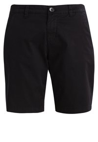 Pantaloni corti neri in cotone con un design classico, chiusura con bottone e tasche, caratterizzati da una texture liscia e un orlo dritto.