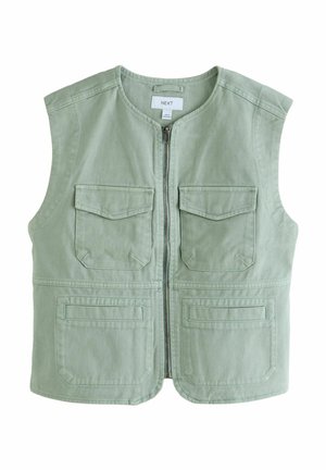 Gilet sans manches vert clair en coton, avec une fermeture éclair à l'avant, deux poches poitrine et deux poches inférieures au toucher lisse.