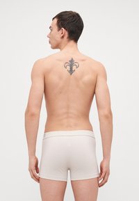Bézs színű pamut boxer alsónadrág, puha tapintással és elasztikus derékrésszel. A hátsó felső részen egy fleur-de-lis tetoválás látható.