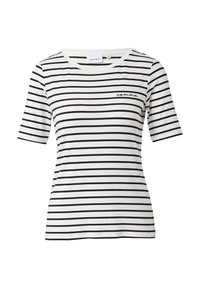 Weißes T-Shirt mit kurzen Ärmeln und schwarzen horizontalen Streifen. Verfügt über ein kleines gesticktes "Komma"-Logo auf der Vorderseite. Hergestellt aus weichem, elastischem Stoff.