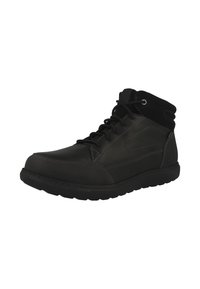 Chaussures mi-hautes noires en cuir avec une finition lisse. Caractéristiques : laçage à l'avant, bout rond et col de cheville texturé. Semelle en caoutchouc robuste.