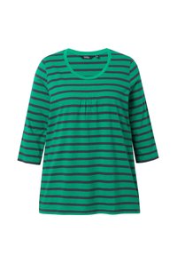 Grün und marineblau gestreiftes T-Shirt mit Rundhalsausschnitt, Dreiviertelärmeln und Falten-Detail auf der Vorderseite. Hergestellt aus weichem Stoff.