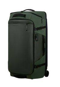 Green wheeled suitcase made of durable fabric with a flat front, top handle, zippered compartments, and a combination lock feature.