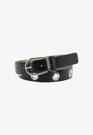 Black leather belt featuring silver-tone grommets, a silver buckle, and a smooth texture, designed with multiple adjustment holes.