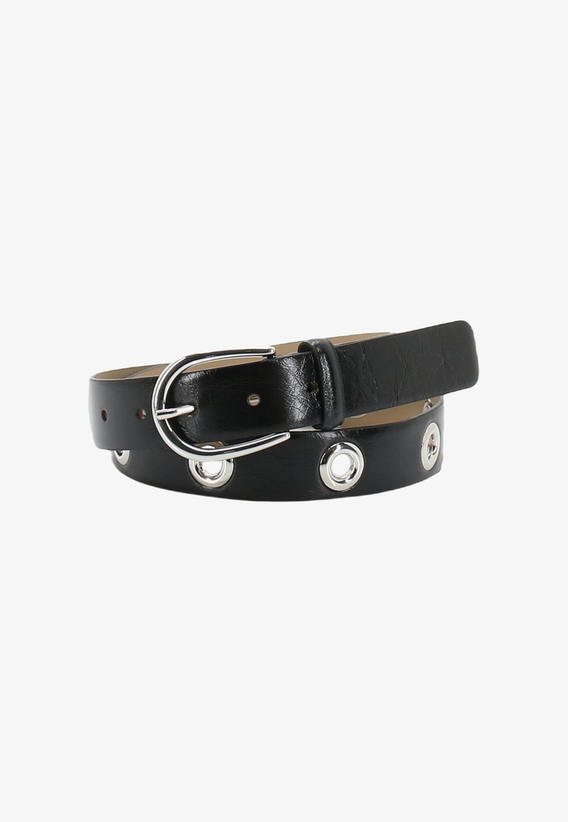 Black leather belt featuring silver-tone grommets, a silver buckle, and a smooth texture, designed with multiple adjustment holes.
