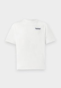White cotton t-shirt featuring a blue embroidered "Timberland Rugged Active Gear" logo on the upper left chest. Short sleeves and round neck.
