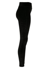 Sorte velour leggings med høy midje, glatt tekstur, tettsittende fasong og sømdetaljer langs sidene.