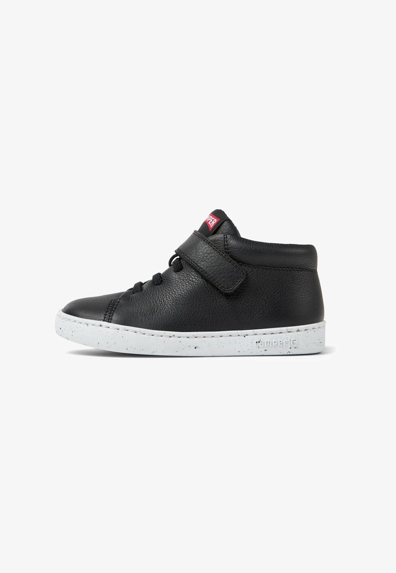 Black leather high-top sneaker featuring a Velcro strap, rounded toe, and a white speckled rubber sole.