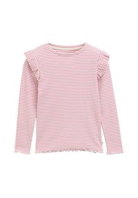 Maglietta a maniche lunghe con una fantasia a righe rosa e bianche, con accenti di spalla arricciati e un orlo ondulato. Realizzata in un tessuto morbido ed elasticizzato.