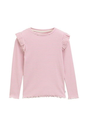 Maglietta a maniche lunghe con una fantasia a righe rosa e bianche, con accenti di spalla arricciati e un orlo ondulato. Realizzata in un tessuto morbido ed elasticizzato.