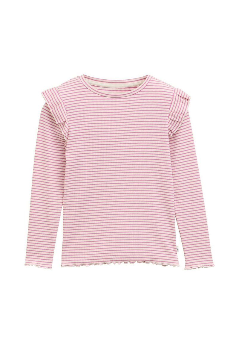 Maglietta a maniche lunghe con una fantasia a righe rosa e bianche, con accenti di spalla arricciati e un orlo ondulato. Realizzata in un tessuto morbido ed elasticizzato.