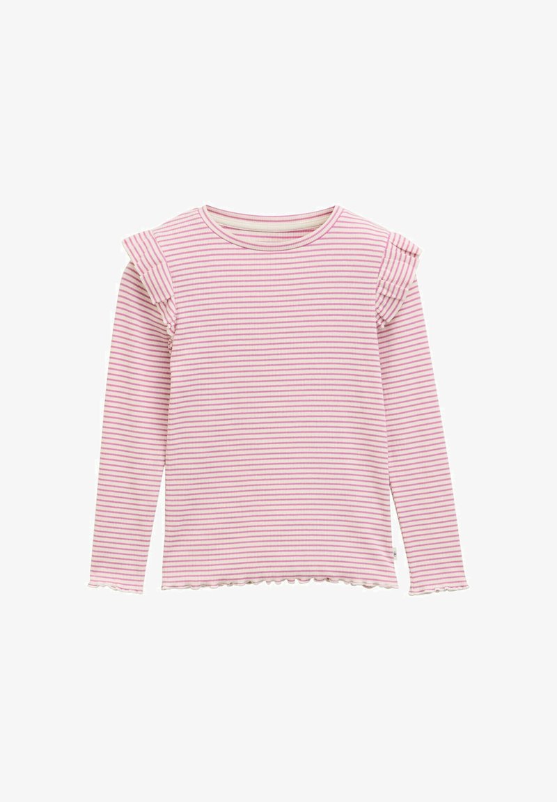 Maglietta a maniche lunghe con una fantasia a righe rosa e bianche, con accenti di spalla arricciati e un orlo ondulato. Realizzata in un tessuto morbido ed elasticizzato.