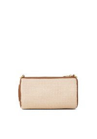 Woven straw cylindrical pouch in light beige with brown faux leather accents, featuring a gold zipper and textured surface.