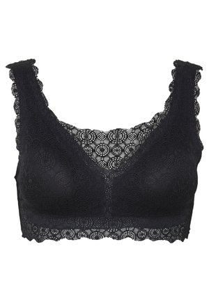 Bralette en dentelle noire avec des bords festonnés, présentant un motif floral et un décolleté en V. Matière douce et extensible pour le confort et l'ajustement.