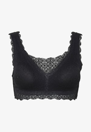 Czarny koronkowy biustonosz typu bralette z falbaniastymi brzegami, zdobiony kwiatowym wzorem i dekoltem w literę V. Miękki, elastyczny materiał zapewniający komfort i odpowiednie dopasowanie.