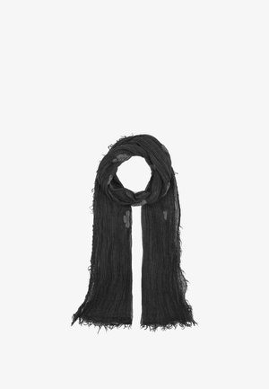 Écharpe noire texturée, présentant un design froissé avec des bords effilochés et un motif d'accents floraux subtils. Tissu léger et fluide.