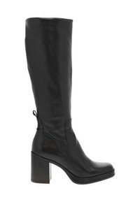 Bottes noires en cuir hautes à talon carré, texture lisse, bout rond et une languette au dos pour un enfilage facile.