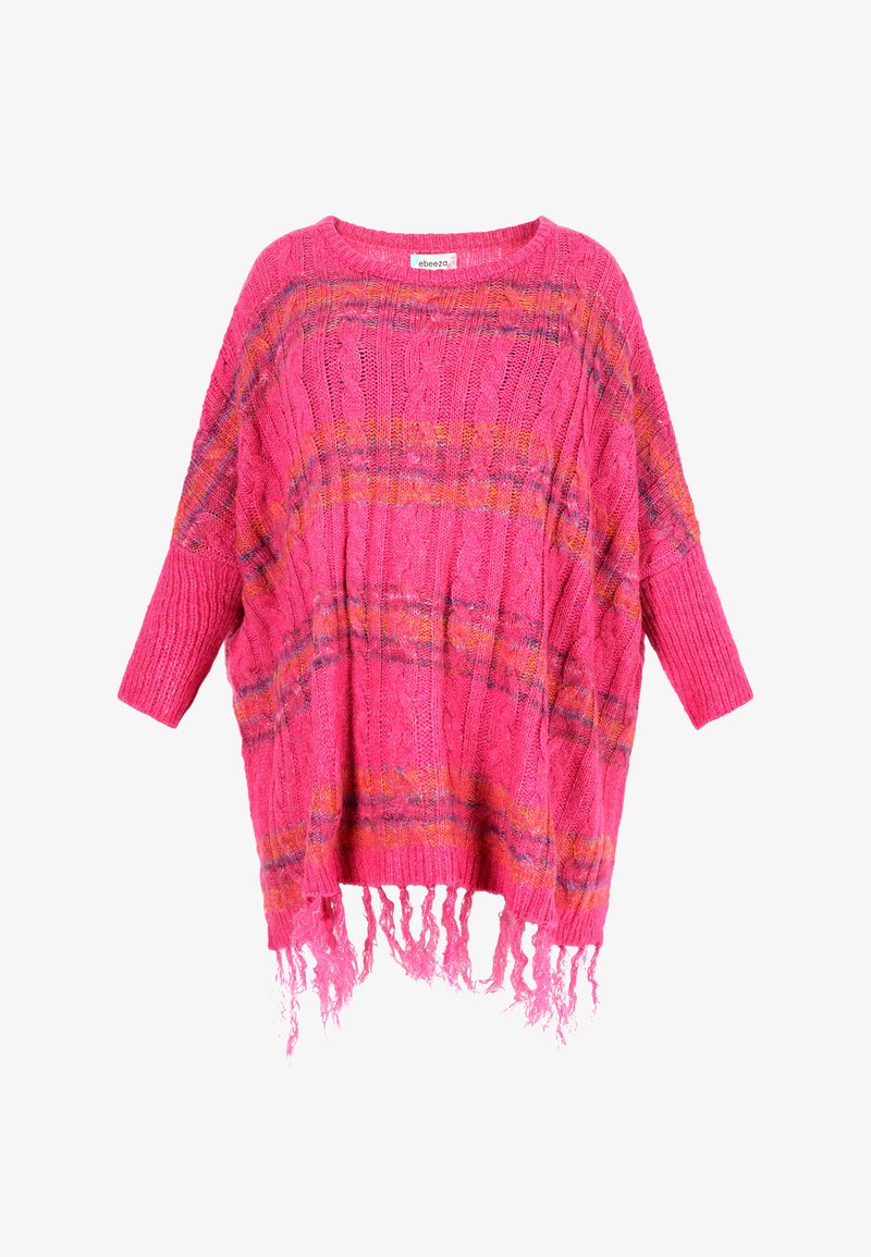 Maglione rosa lavorato a maglia con una vestibilità morbida, caratterizzato da un motivo a trecce, righe orizzontali multicolori e orlo frangiato. Maniche corte.