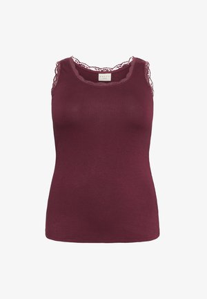 Burgundi spalvos raštuota maikutė su nėriniais prie kaklo, pagaminta iš tamprios medžiagos, pasižymi prigludusia forma ir be rankovių kirpimu.