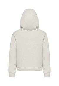 Felpa con cappuccio in beige chiaro con un design corto, polsini a costine e una texture liscia, caratterizzata da un retro semplice senza dettagli aggiuntivi.