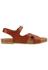 Sandal in pelle marrone con design a punta aperta, soletta in sughero e cinturino posteriore. Presenta una texture liscia e hardware minimale.