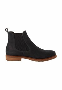 Cizmă Chelsea din suede negru, cu panouri laterale elastice, talpă din cauciuc maro și detaliu cu buclă la spate. Textură netedă și design elegant.