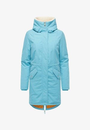 Helles blaues, isoliertes Parka mit hohem Kragen, Reißverschlussfront, Druckknopf-Taschen und orangefarbener Steppfütterung. Glattes Material, knielanger Schnitt.