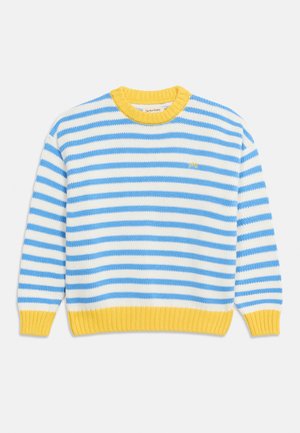 Long-sleeve knit sweater with horizontal blue and white stripes, yellow ribbed collar, cuffs, and hem, and small embroidered logo on chest.