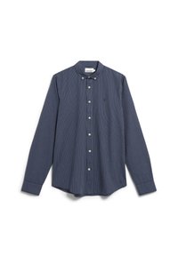 Dunkelblau gestreiftes Langarmhemd mit Button-Down-Kragen, weißen Knöpfen und einem kleinen gestickten Logo auf der Brust.